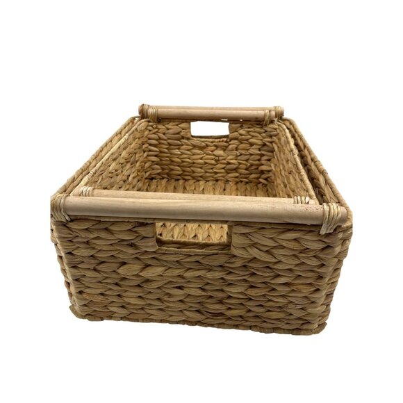 Handwoven Wicker Storage Baskets Set Of 2 With Wooden Handles - Rustic & Durable - Picture 3 of 12